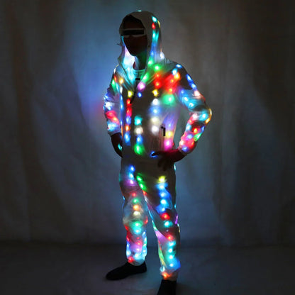 A glowing unisex led luminous jacket pants suit with colorful lights for adults at parties festivals and holidays