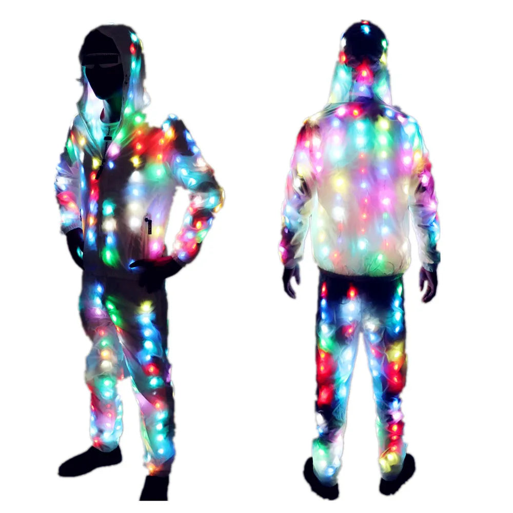 Unisex led luminous full-body jacket and pants with vibrant multicolored lights for parties and music festivals