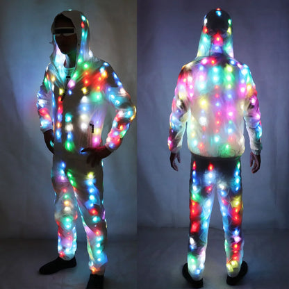 A unisex led luminous full-body jacket and pants suit with hood and zipper for performance and festival use