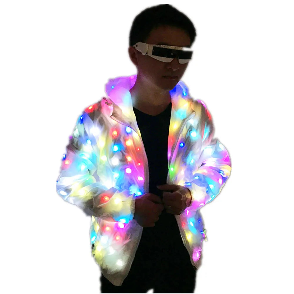 A translucent unisex led luminous jacket with vibrant multicolored led lights for festivals and parties