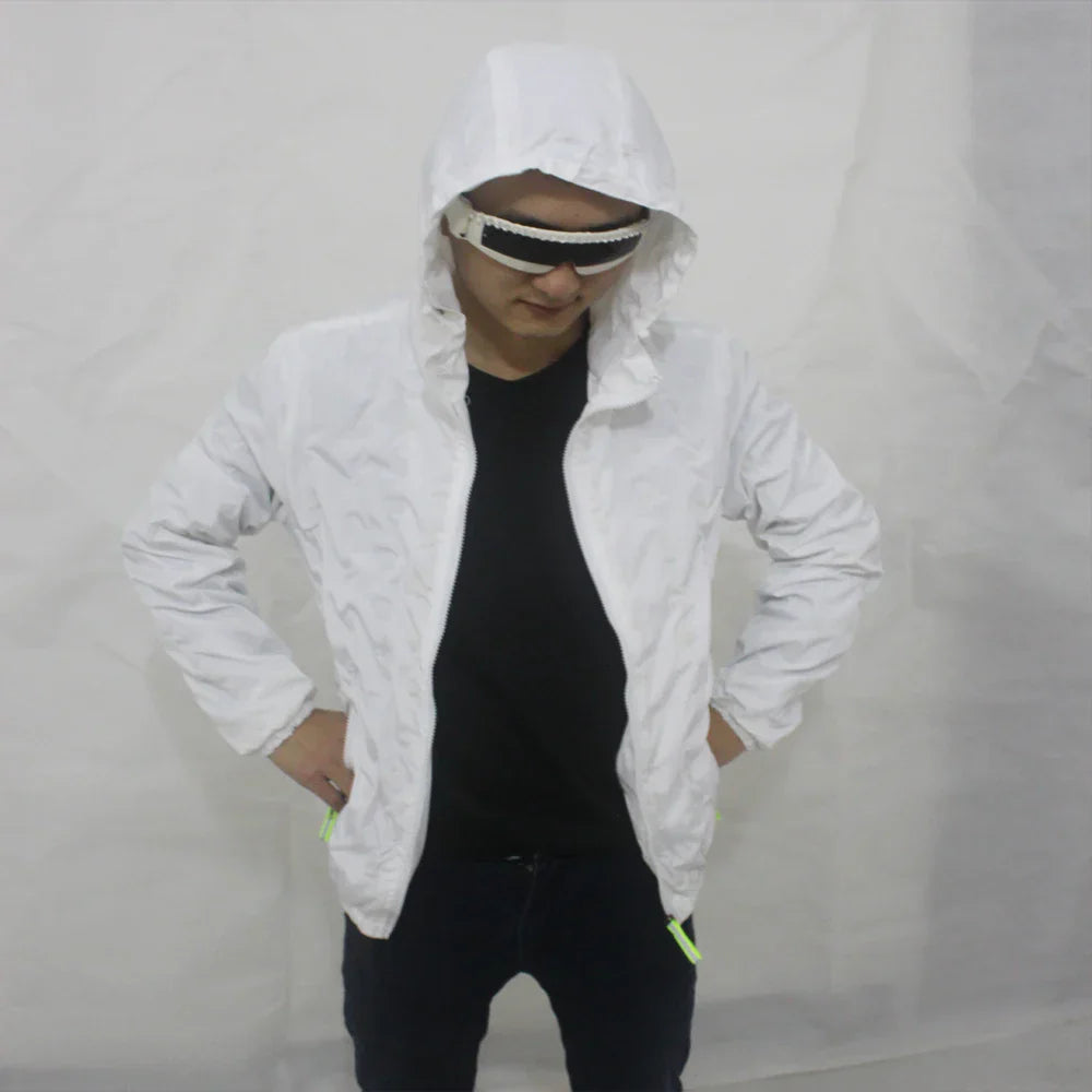 White hooded unisex led luminous jacket with subtle textured pattern and neon green zipper pulls for festivals and parties