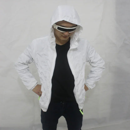 White hooded unisex led luminous jacket with subtle textured pattern and neon green zipper pulls for festivals and parties