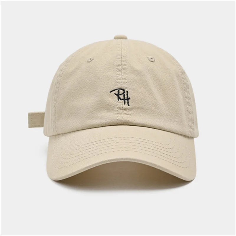 Beige unisex rh letter summer casual hat with black embroidered logo outdoor shade adjustable baseball cap
