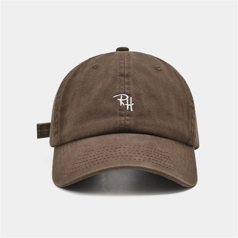 A brown suede unisex rh letter embroidery baseball cap summer casual hat with outdoor shade adjustable fit