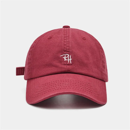 A maroon cotton unisex rh letter embroidery baseball cap designed as a summer casual hat with outdoor shade adjustable fit