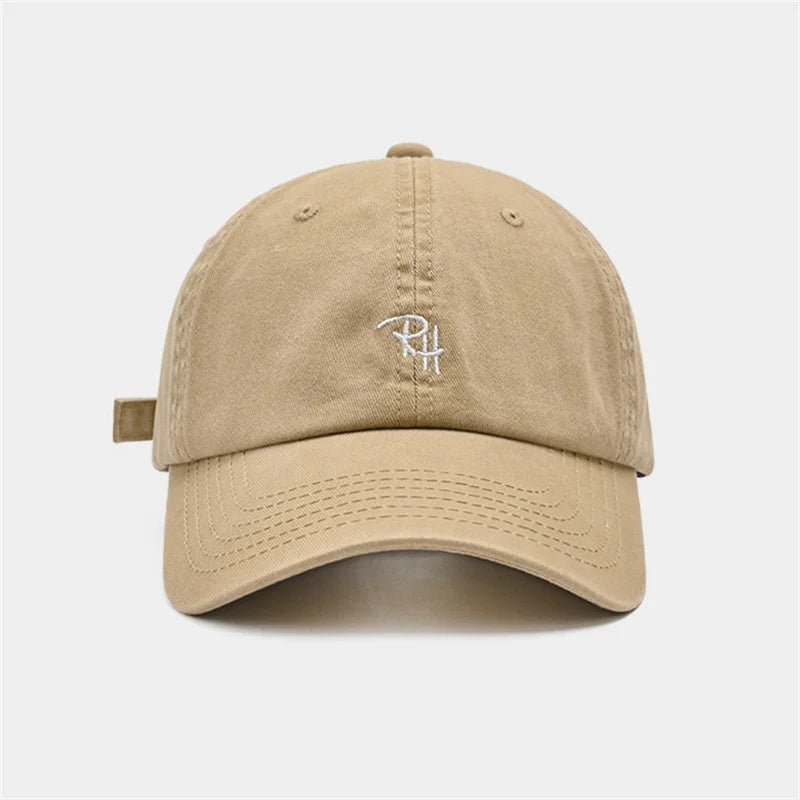 Beige unisex rh letter embroidery baseball cap with small white logo, outdoor shade adjustable summer casual hat