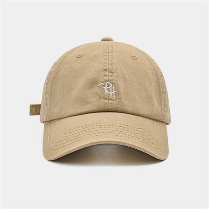 Beige unisex rh letter embroidery baseball cap with small white logo, outdoor shade adjustable summer casual hat