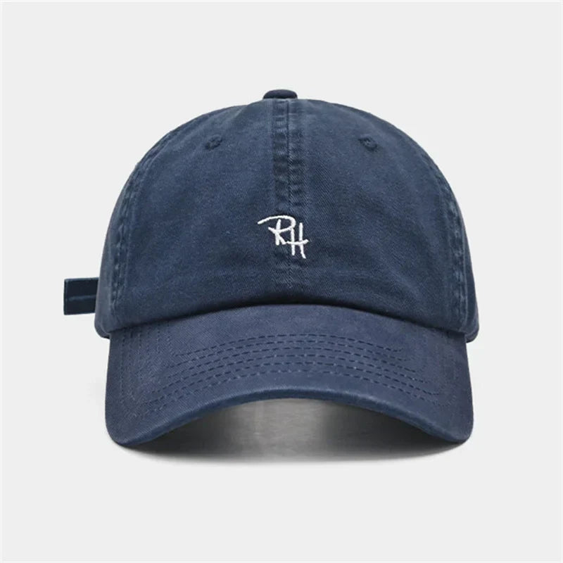 Dark blue denim unisex rh letter embroidery baseball cap summer casual hat with outdoor shade adjustable fit