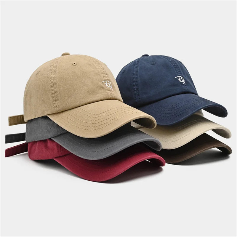 Beige and navy blue unisex rh letter embroidery baseball caps with outdoor shade adjustable fit for summer casual wear