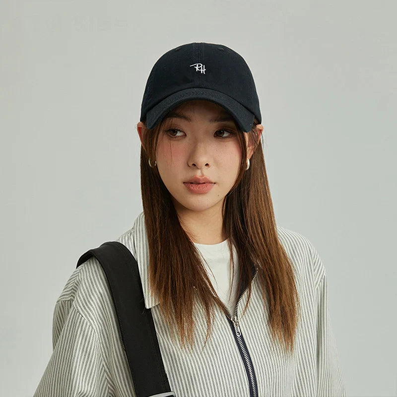 Black unisex rh letter baseball cap with small white embroidery summer casual hat outdoor shade adjustable design