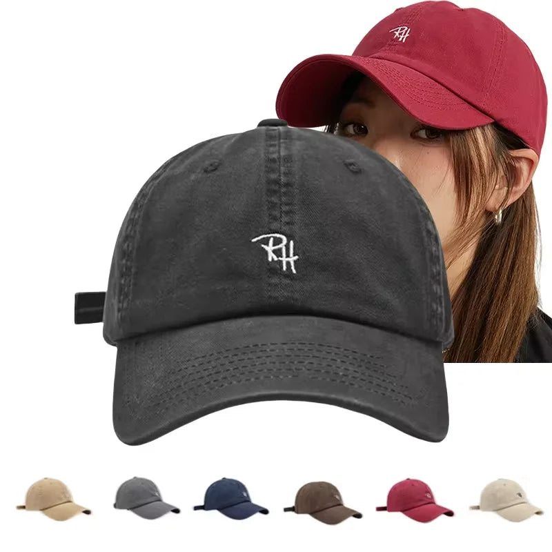 Dark gray denim unisex rh letter baseball cap with white embroidery summer casual hat outdoor shade adjustable