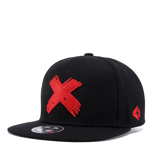 Black snapback baseball cap with bold red letter x embroidery and small side logo for hats spring autumn sunscreen use
