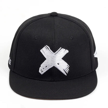 Black snapback baseball cap with white letter x embroidery, adjustable for hats spring autumn and baseball caps sunscreen use
