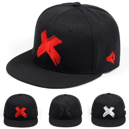 Black unisex snapback baseball cap with bold red letter x embroidery and smaller side logo for hats spring autumn sunscreen