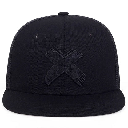 Black snapback baseball cap with subtle letter x embroidery, adjustable for hats spring autumn and sunscreen use