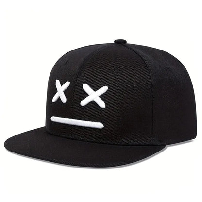 Black snapback cap with white smiling face embroidery designed for hats spring autumn outdoor adjustable casual wear