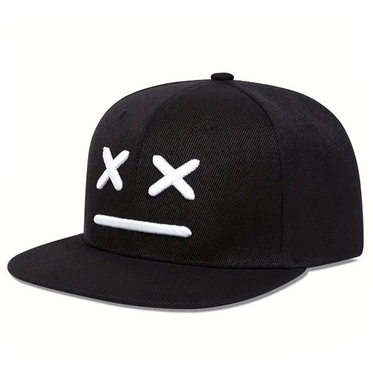 Black snapback cap with white smiling face embroidery designed for hats spring autumn outdoor adjustable casual wear