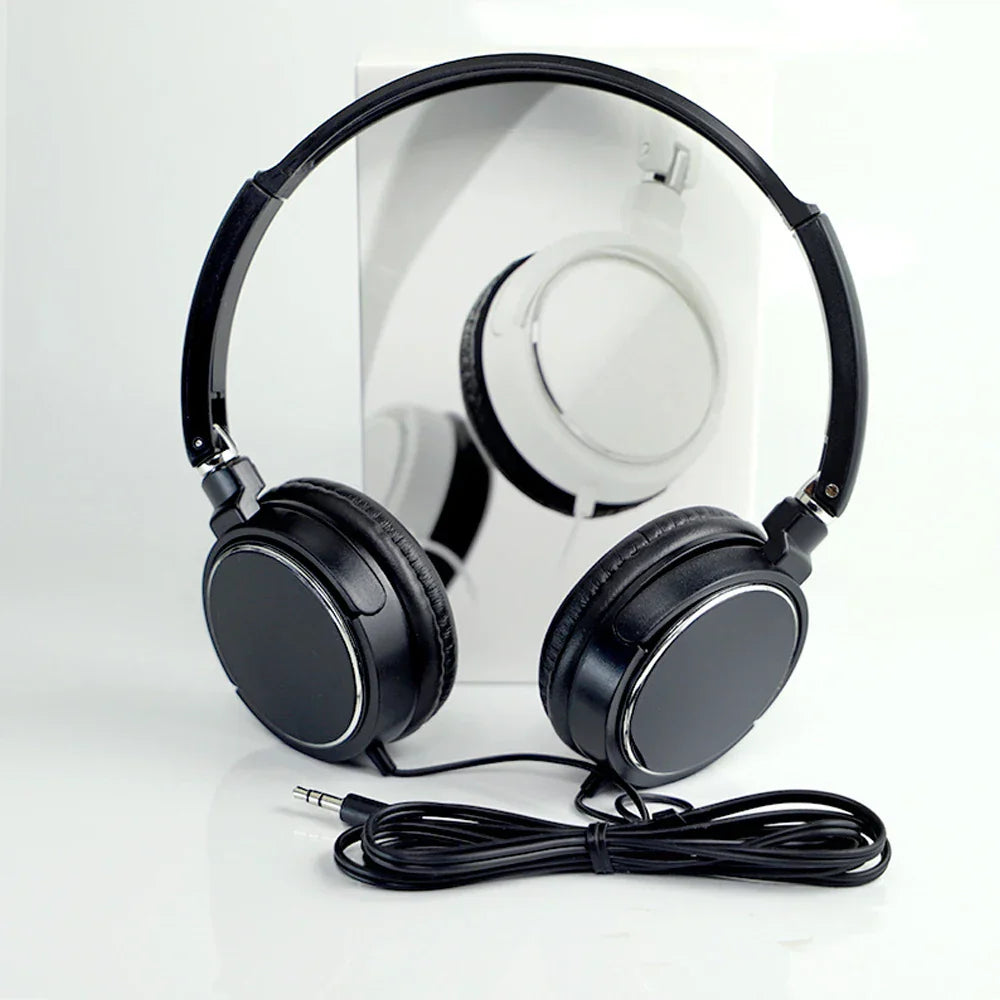 Black foldable portable headphone with padded earcups and coiled cable for music gaming headset noise canceling sports use
