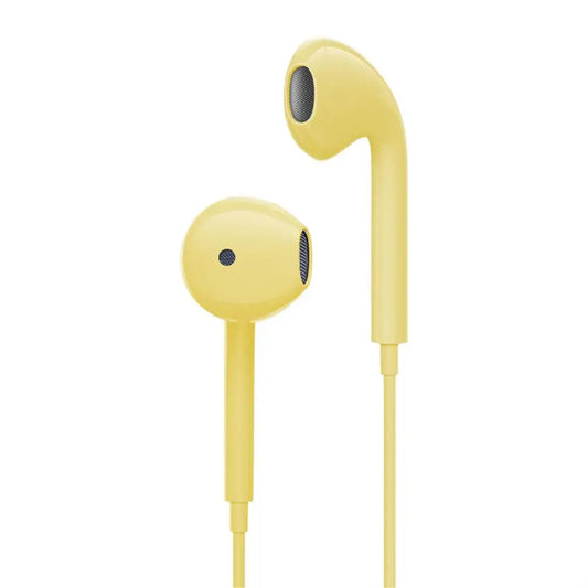Pair of yellow 3.5mm earphones with soft silicone earplugs ergonomic comfortable design for calls subwoofer music