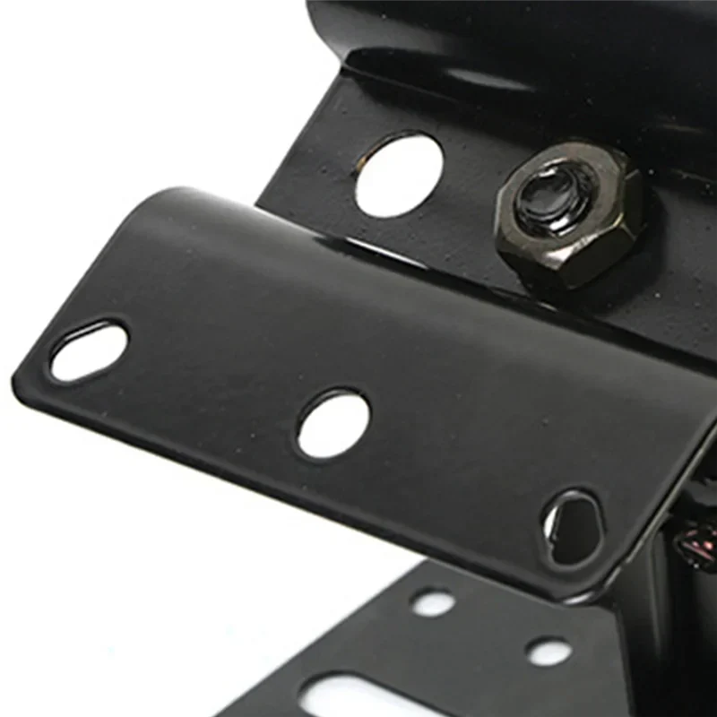 Black metal bracket with three oval holes and hexagonal bolt for universal adjustable speaker wall mount in hotel indoor applications