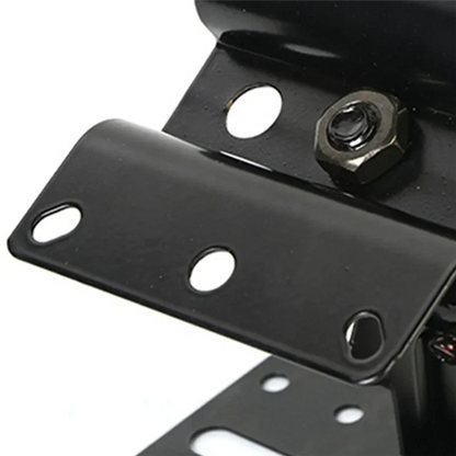 Black metal bracket with three oval holes and hexagonal bolt for universal adjustable speaker wall mount in hotel indoor applications