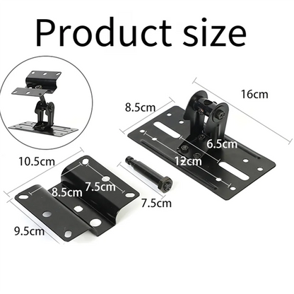 Black metal universal adjustable speaker wall mount bracket with arm and plates for hotel indoor applications