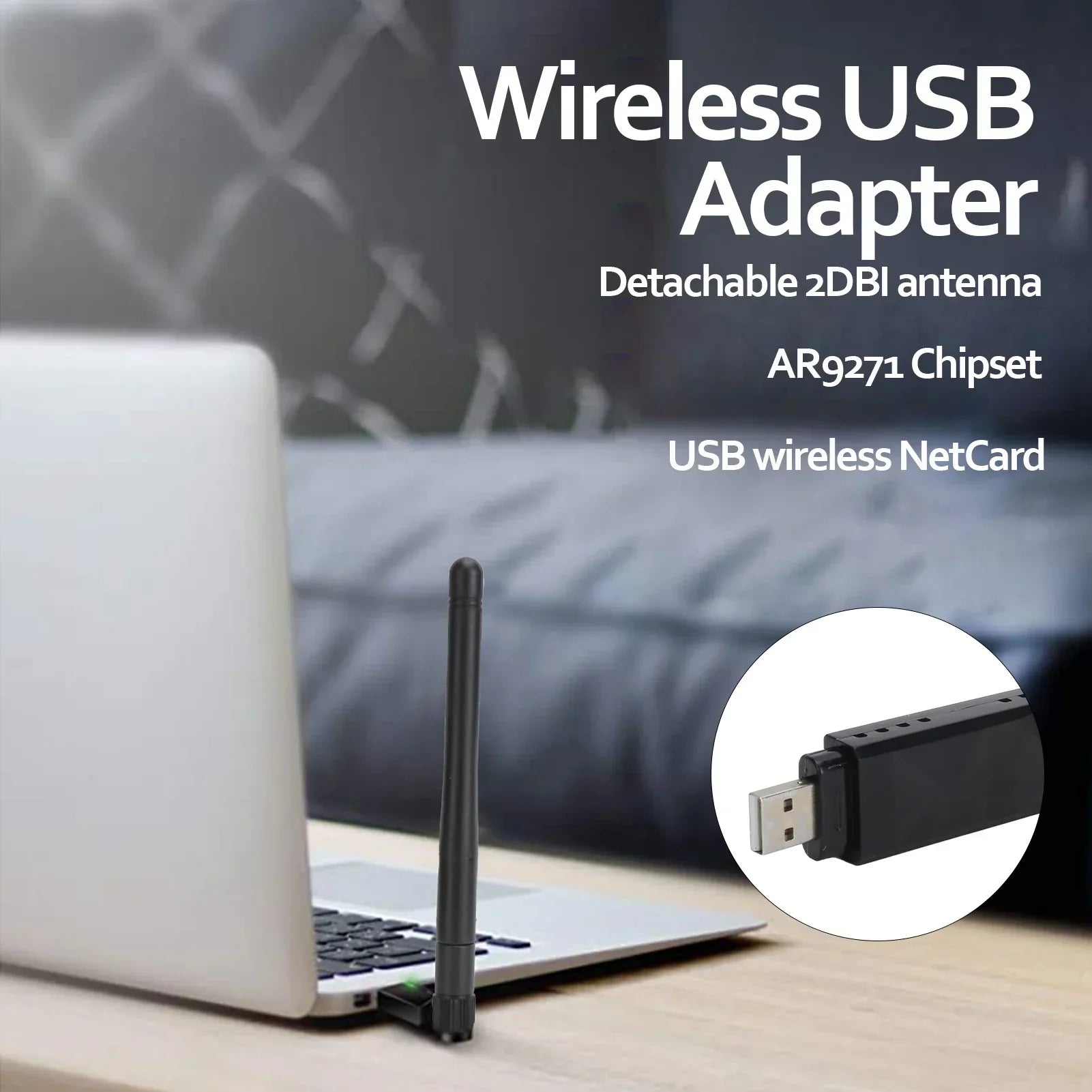 Black ar9271 wireless usb adapter with detachable 2dbi high gain antenna for streaming plug play stability