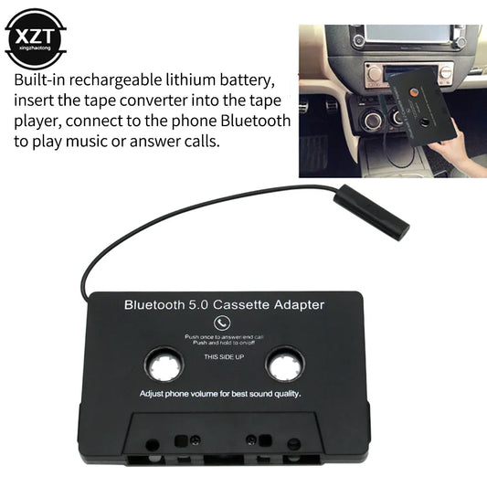 Black bluetooth 5.0 converter car tape adapter with rechargeable battery and coiled cable for wireless car audio playback