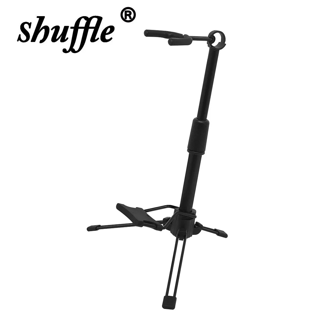 Black adjustable wind instrument stand with universal bracket, tripod base, and padded neck rest for ukulele and violin