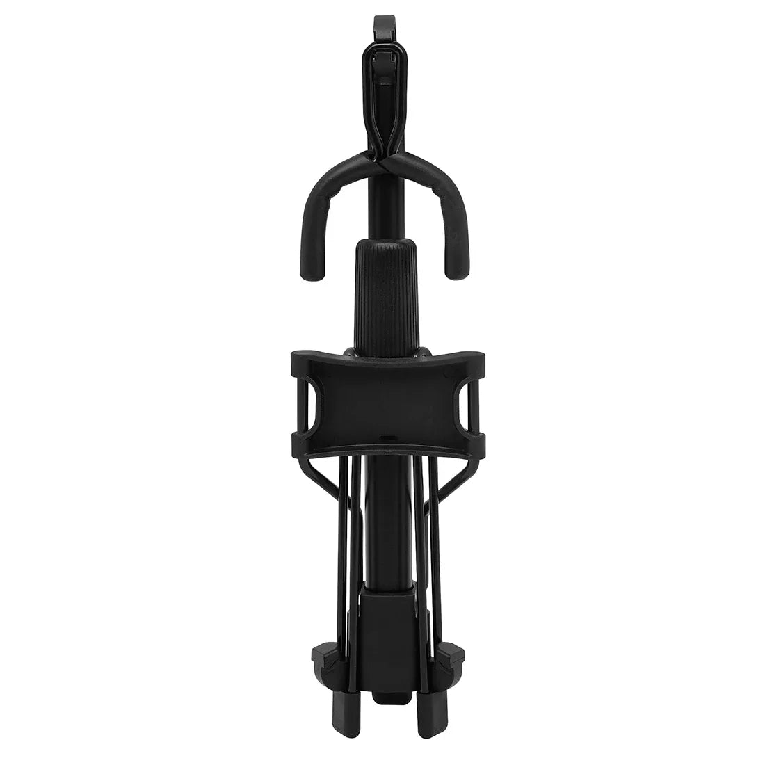Black plastic universal bracket wind instrument stand with adjustable arms and sturdy base for multiple instruments