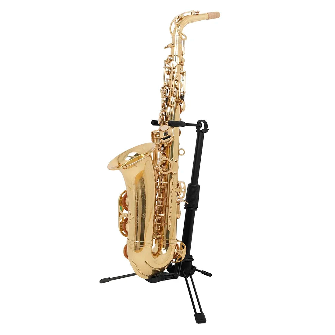 Golden saxophone with polished brass finish and intricate keywork resting on universal bracket adjustable wind instrument stand