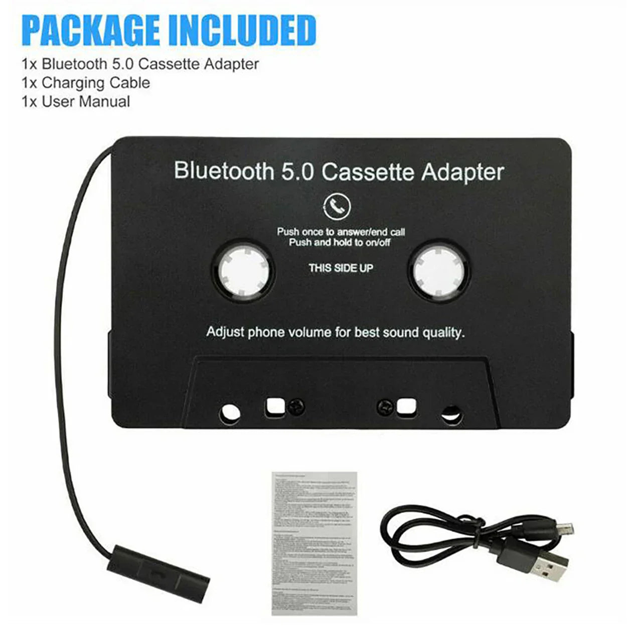 Black car audio bluetooth 5.0 cassette music adapter with faux plastic casing for car cassette stereo players