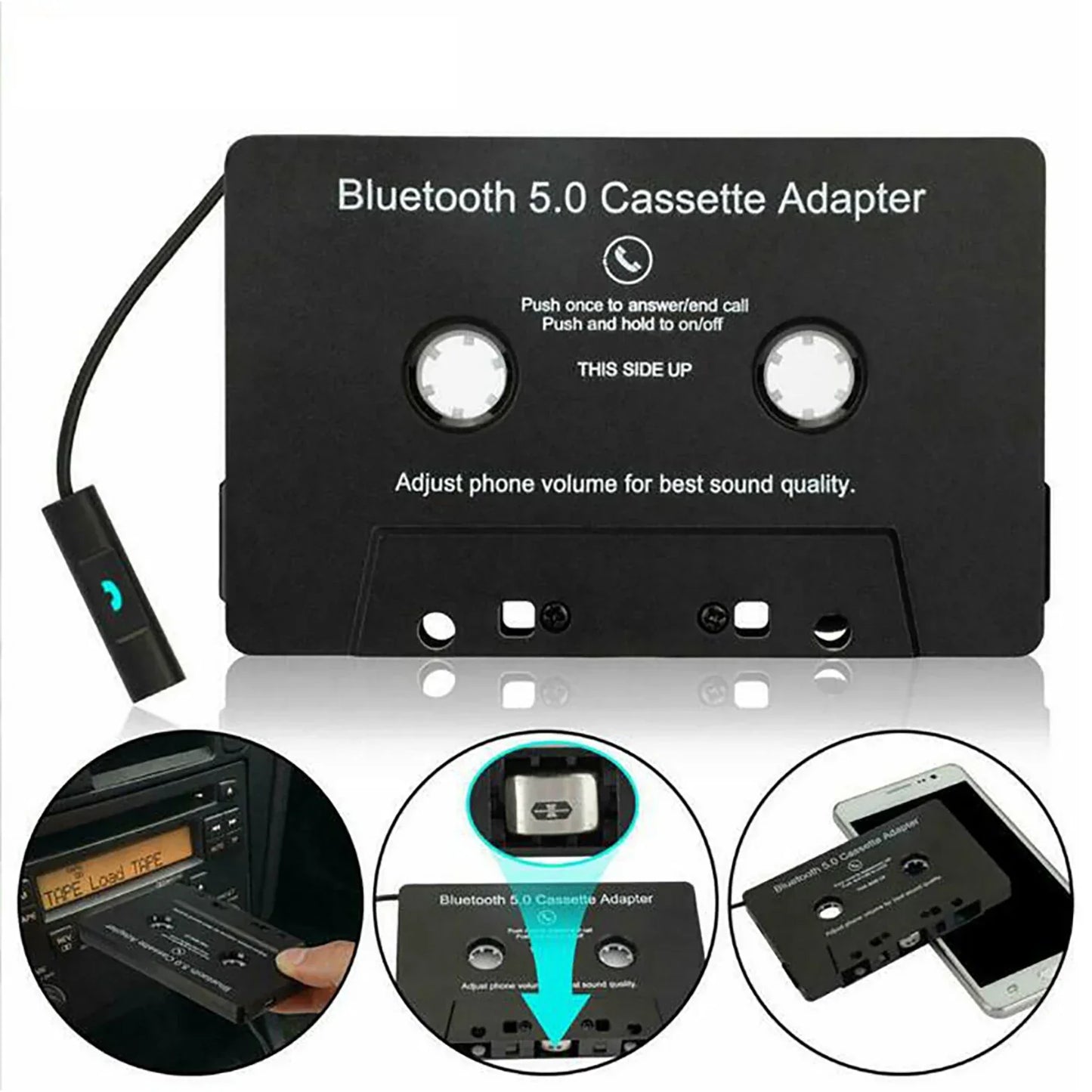 Black bluetooth 5.0 music adapter car with faux plastic casing and silver buttons for car cassette stereo connectivity