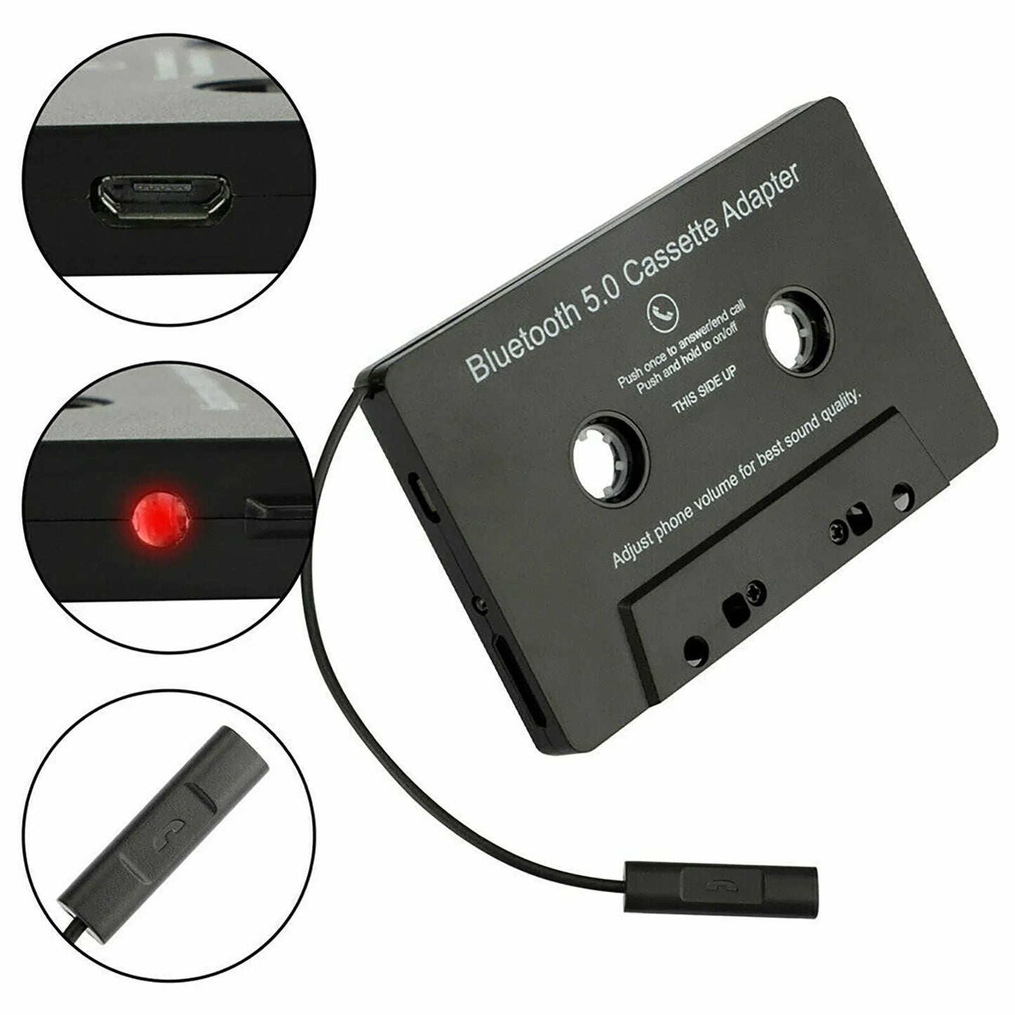 Black bluetooth 5.0 universal cassette music adapter with usb-c port and remote for car cassette stereo audio control
