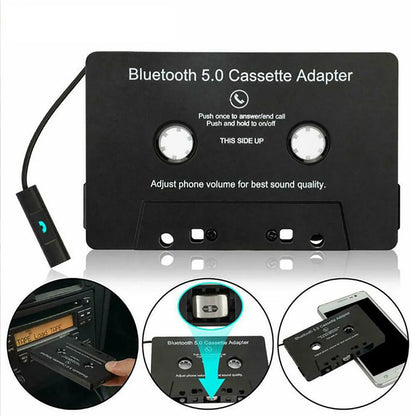 Black Bluetooth 5.0 cassette music adapter with faux plastic casing and silver buttons for car audio Bluetooth car cassette stereo