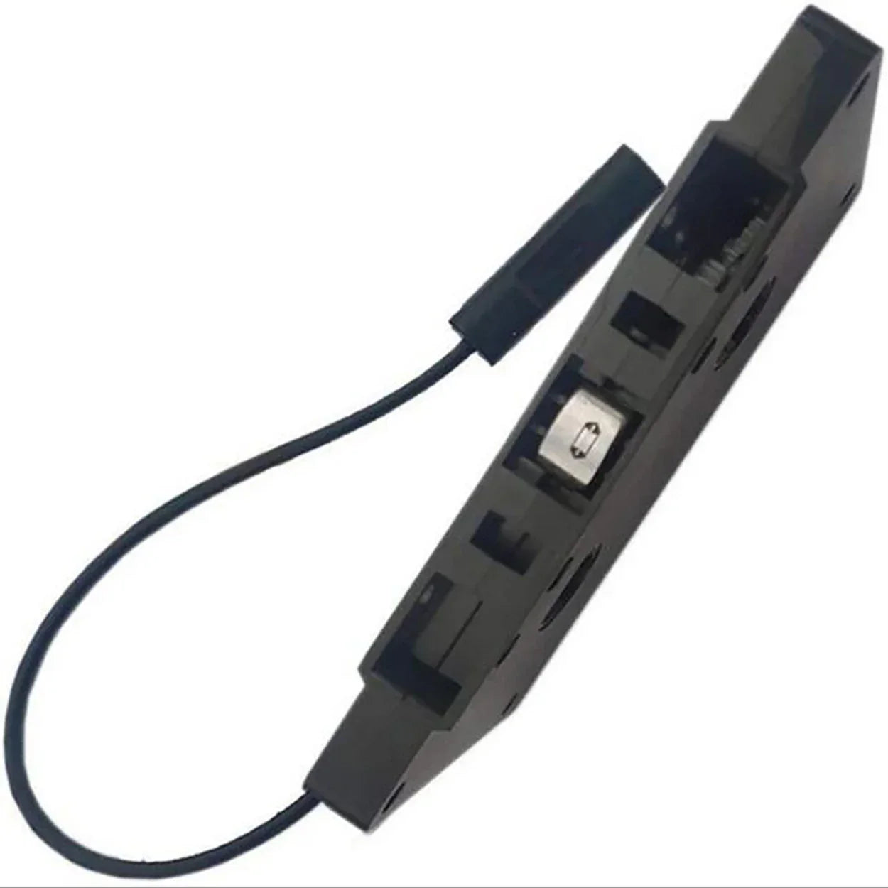 Black plastic battery holder with coiled cable and metallic contacts for universal music adapter car cassette stereo use