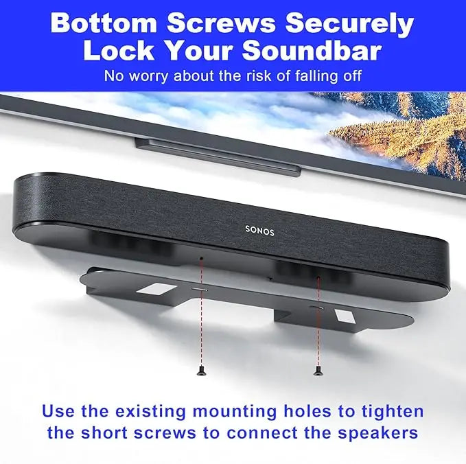 Black sonos soundbar on a durable audio stand with carbon steel speaker holder for space saving enhances audio experience