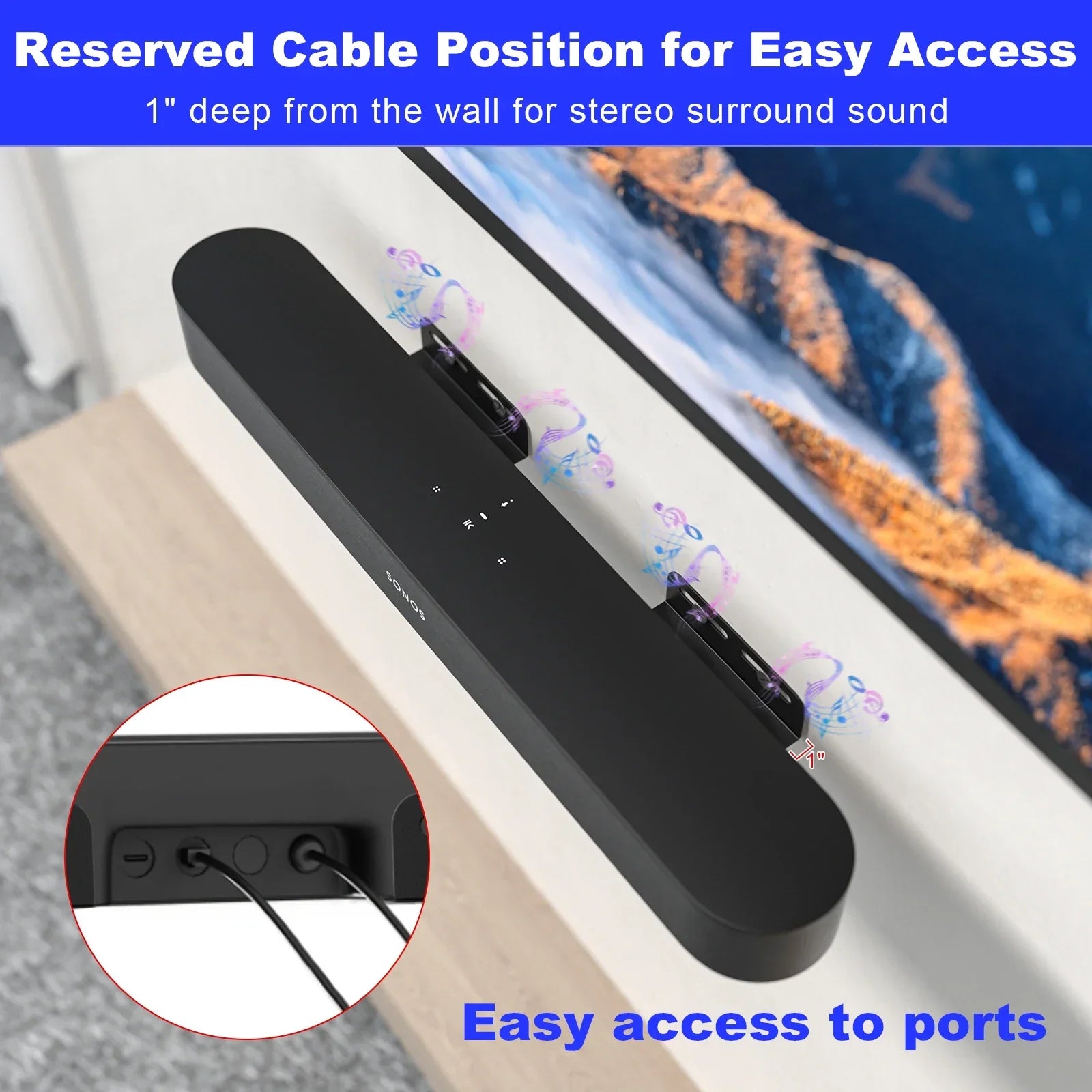Black soundbar with sleek modern design and integrated buttons mounted on durable carbon steel speaker stand for space saving enhances audio experience