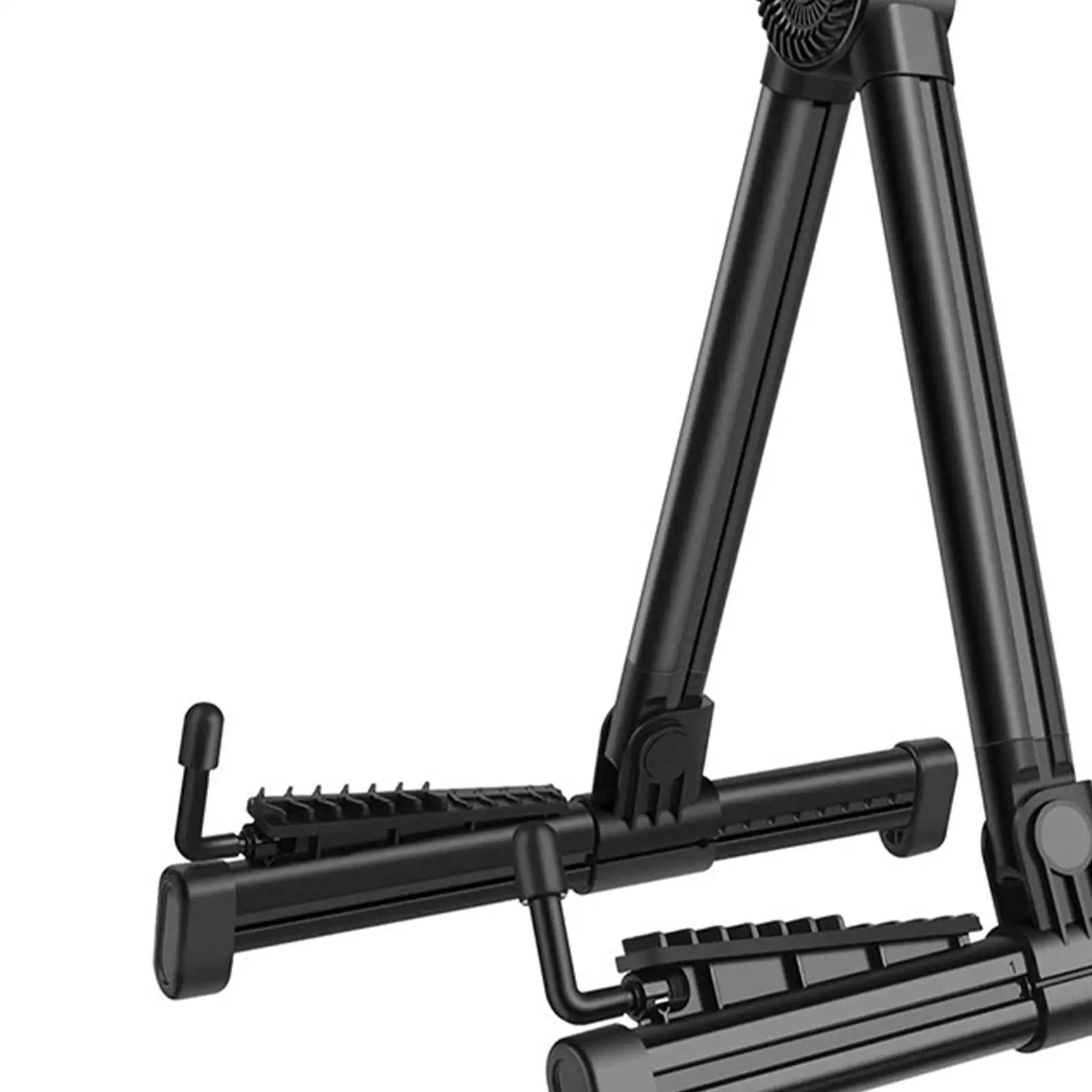 Black foldable universal electric guitar stand with adjustable arms and textured grip surfaces for multiple instruments
