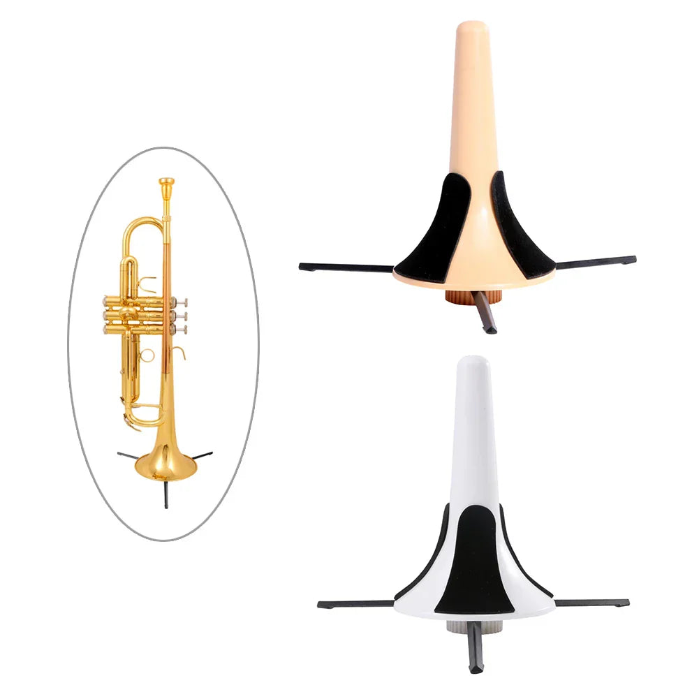 Beige and white plastic foldable portable trumpet stand with black rubber grips folding lightweight tripod holder