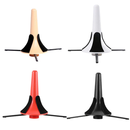 Beige white red and black plastic foldable portable trumpet stands with rubberized grips and folding lightweight tripod design