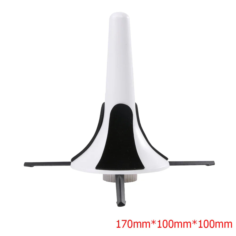 White and black plastic trombone slide rest with sleek ergonomic design for foldable portable trumpet stand use