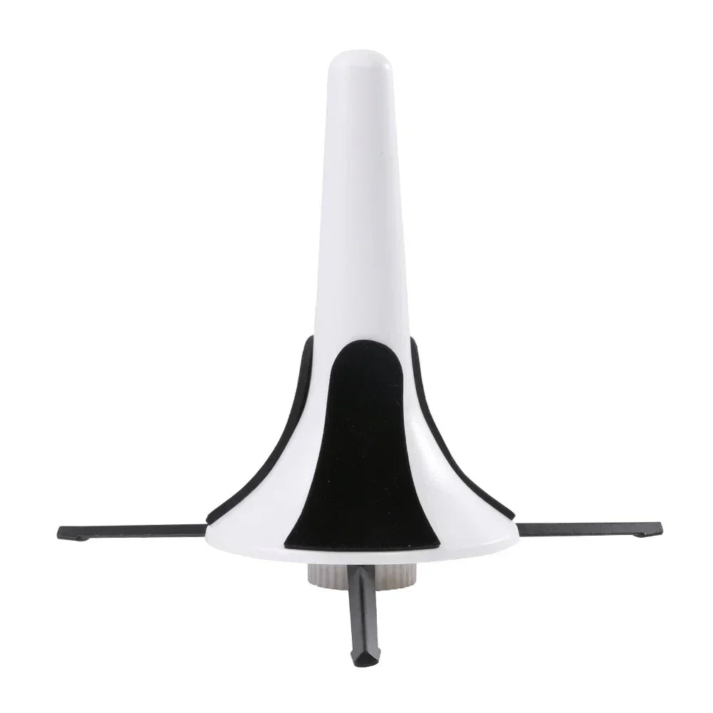 White and black plastic trombone slide rest with sleek ergonomic design for foldable portable trumpet stand use
