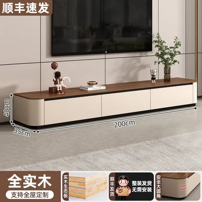 Modern beige and wood-grain tv console with sleek rounded edges perfect for funky tv stands and clear muebles home decor