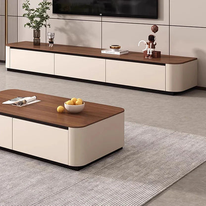 Cream-colored modern low professional vintage media console with dark wood top and rounded edges for clear muebles home