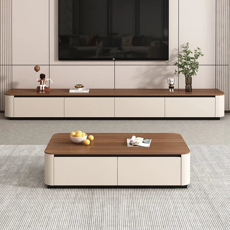 Modern minimalist coffee table with warm wood top and sleek white drawers ideal for funky tv stands and clear muebles home