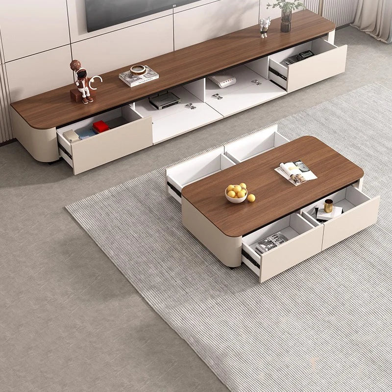 Modern minimalist coffee table with a warm wood top and sleek white drawers for clear muebles home and funky tv stands