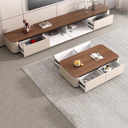 Modern minimalist coffee table with a warm wood top and sleek white drawers for clear muebles home and funky tv stands