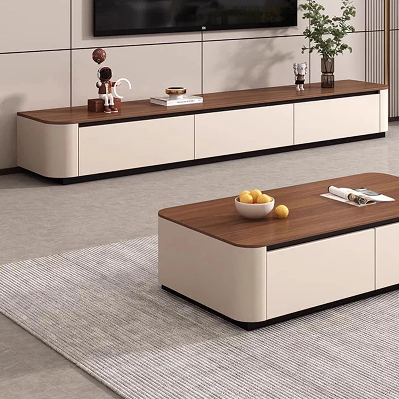 Modern cream-colored funky tv stand with dark wood top and black trim in low professional vintage style for clear muebles home