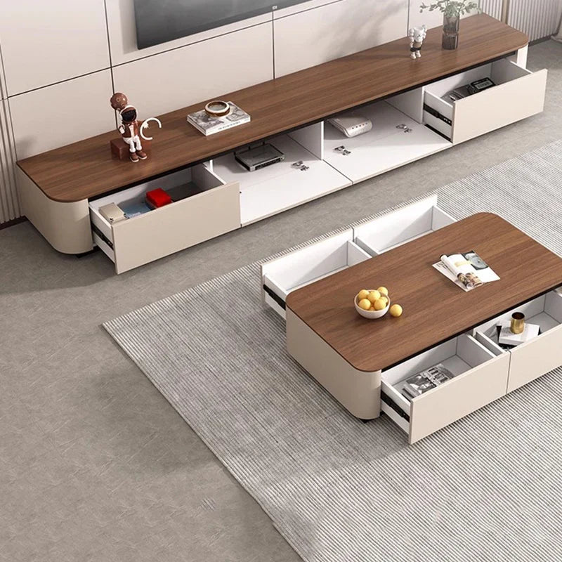Modern white and wood-grain coffee table with integrated drawers in clear muebles home style for funky tv stands